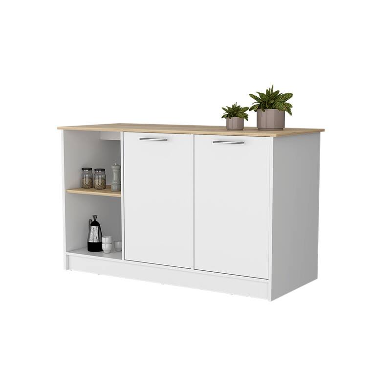 59" Kitchen Island with Large Countertop, Double-Door Cabinets, and Open Shelves, Ideal for Storage & Workspace