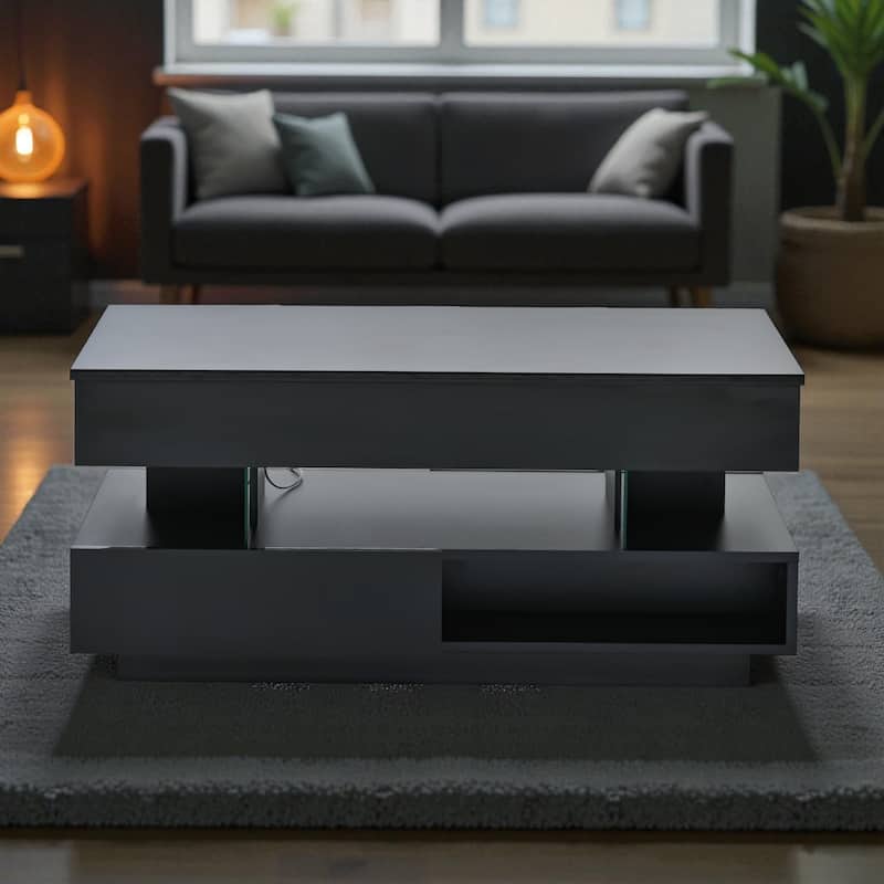 39.3" Modern Lift-Top Coffee Table with LED Lights, Hidden Storage Compartment and 2 Drawers for Living Room or Office - Black