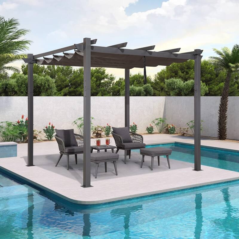 PURPLE LEAF Gazebo Outdoor Retractable Modern Yard Metal Grape Trellis Pergola with Canopy. - 10ft x 10ft - Grey
