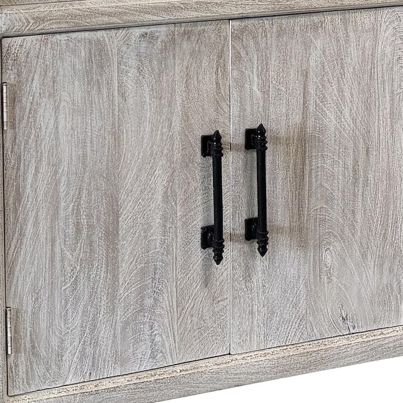 HomeRoots 79" White Distressed Solid Wood Paneled Four Drawer Sideboard with Four Doors - 79.00 in. x 38.00 in. x 17.00 in.