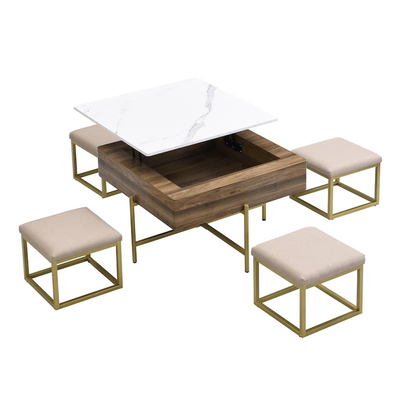 Mid-Century Lift Top Coffee Table Set, Large Square Storage Coffee Table with 4 Ottomans, Family Gathering Wooden Center Table