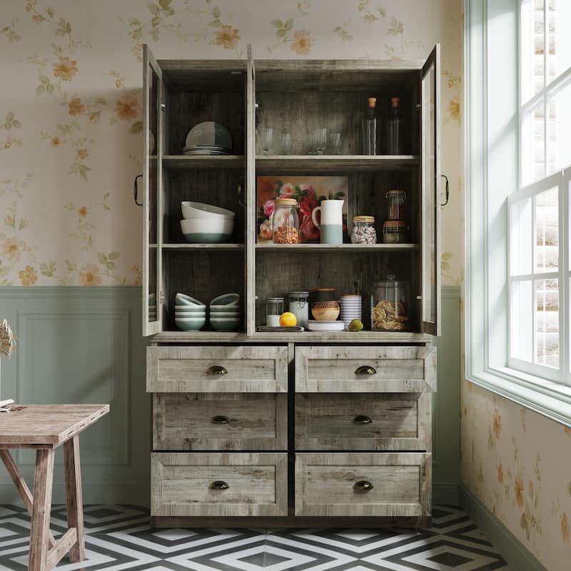 Farmhouse Kitchen Pantry Cabinet 6-Tier Bookshelf with Adjustable Shelves & Glass Doors
