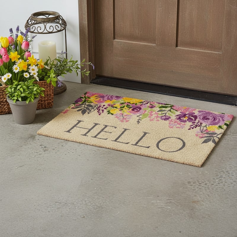 HomeRoots 18" X 30" Brown Gray And Purple Floral Hello Outdoor Coir Door Mat - 18.00' X '30.00 - 18.00' X '30.00