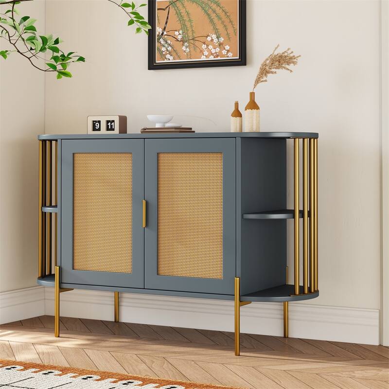 2 Door Wood Curved Cabinet with Gold Trim and Doors - Dark Gray
