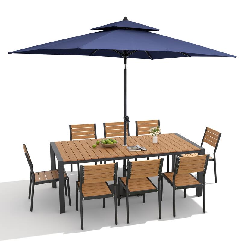 9/11-Piece Outdoor Dining Set Aluminum Table and Stackable Chairs w/10 ft Umbrella and Base