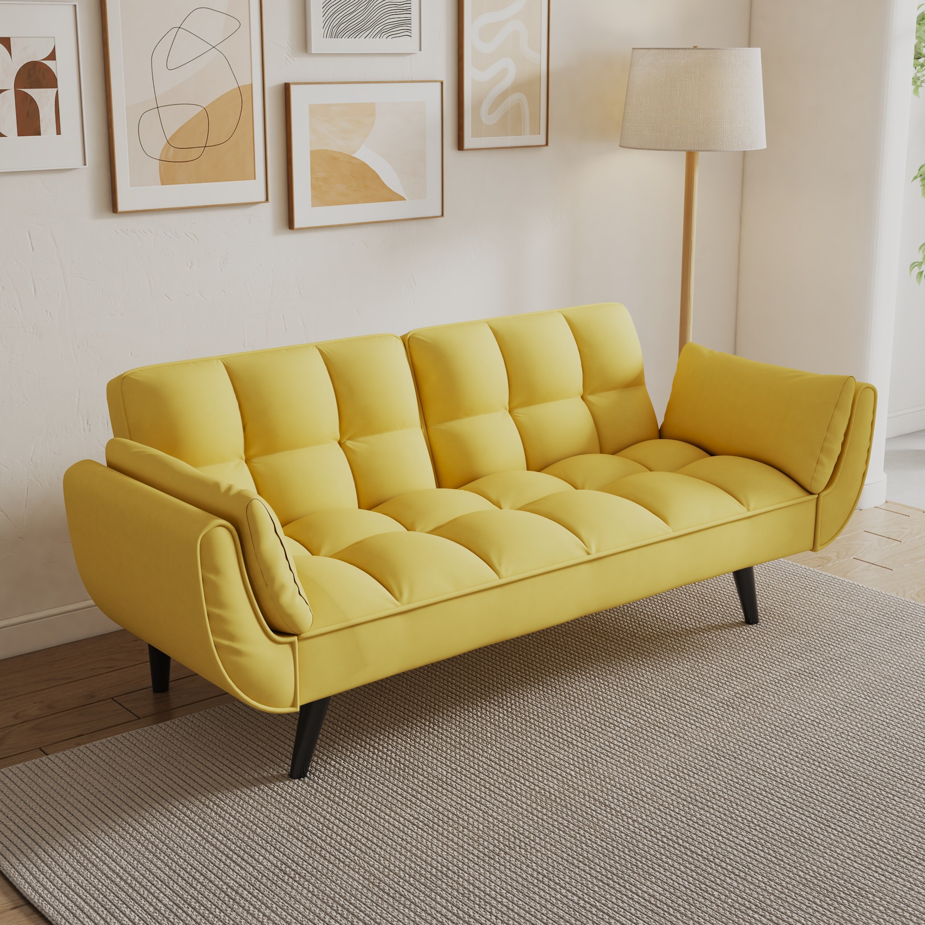 57 inch yellow sofa Soft two armrests throw pillow pillow comfortable fit apartment bedroom small space Bed Bath Beyond 40116077