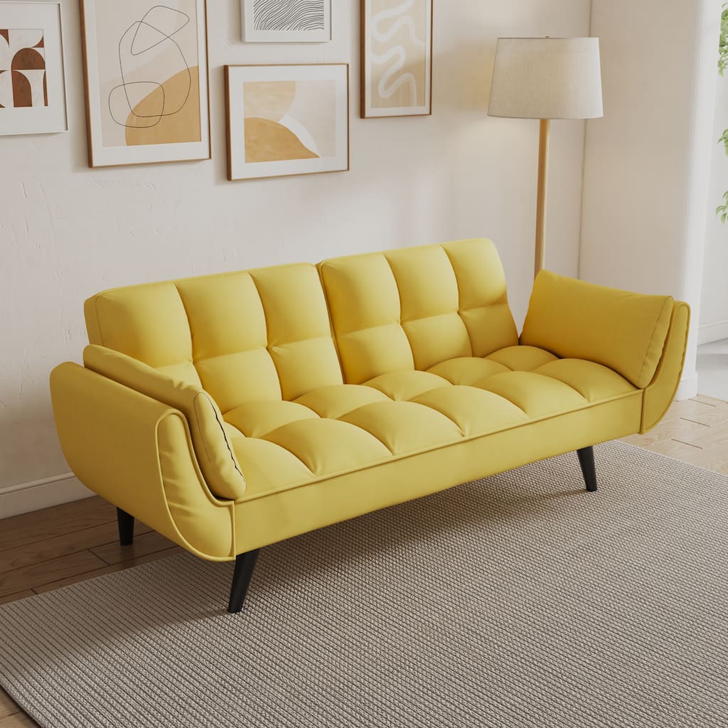 74 inch Yellow Polyester Blend Sofa for Small Spaces, Convertible and Comfortable