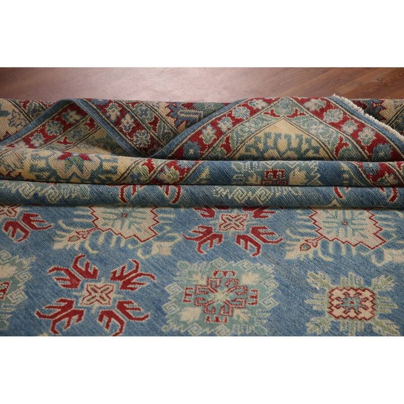 Blue Geometric Kazak Oriental Area Rug Handmade Wool Carpet - 9'2" x 12'4"