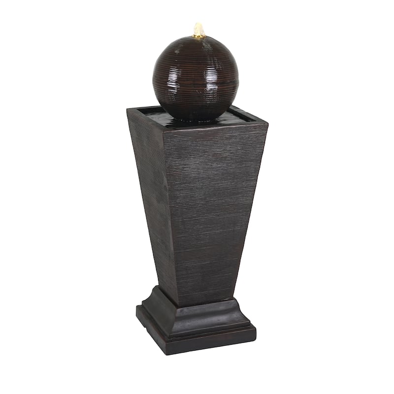 35.5"H Dark Brown Concrete Tall Column Fountain-LED Light Retro Outdoor Oasis, Durable Decor Feature