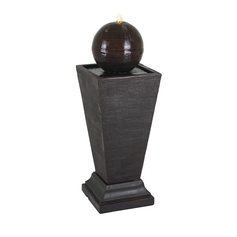 Roomfitters 35.5-Inch Tall Column Outdoor Fountain with Sphere Topper and LED Lights, Concrete Retro Garden Oasis, Dark Brown