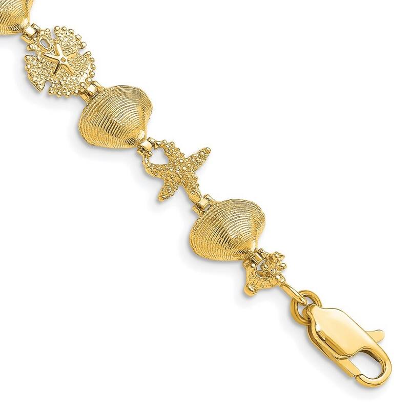 Curata 14k Gyellow old Sand Dollar Clam And Sea shell Nautical Starfish Bracelet 7.25 Inch