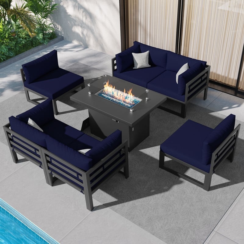 FINCATI 7 Pcs Patio Furniture Set Outdoor Sectional Sofa Set with Firepit Table - 7 Pieces - Navy Blue
