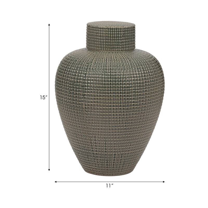 Sagebrook Home Dempsey Green Lidded Jar - Stoneware, Green, Checkered, Bud, Elegant Color, Perfect Accent Piece