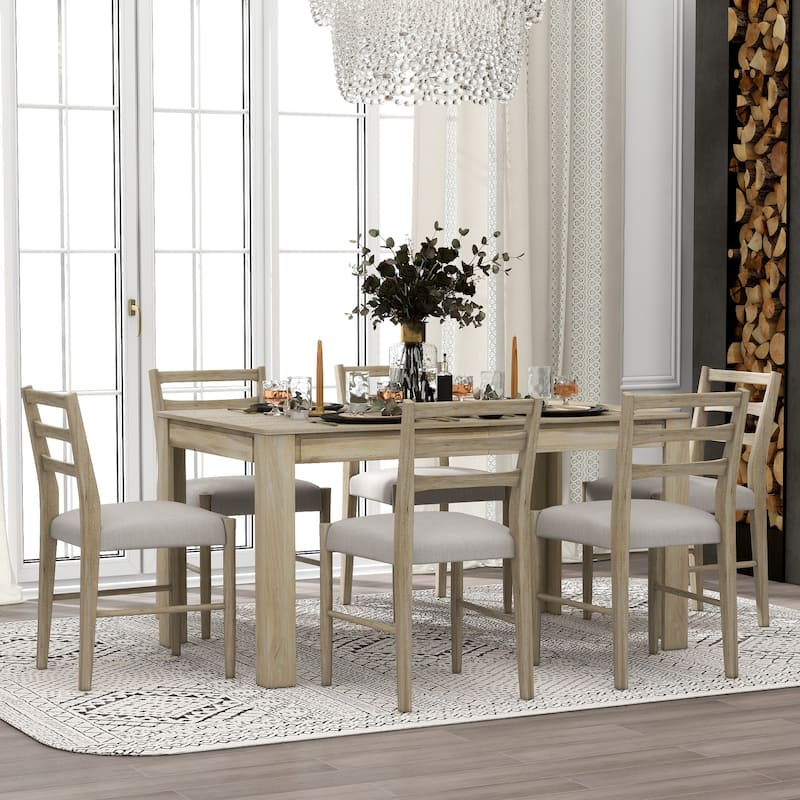7-Piece Wooden Extendable Dining Table Set with 12" Leaf and 2 Drawers, 6 Chairs