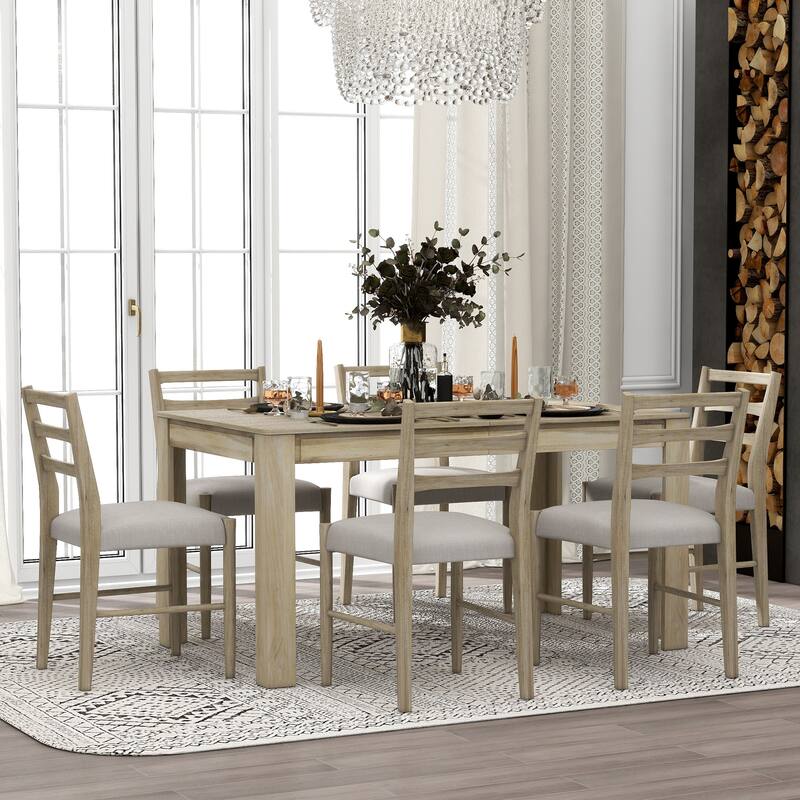 Natural Wood Wash Rustic 7-Piece Wooden Dining Table Set with 6 Chairs & Extendable Table