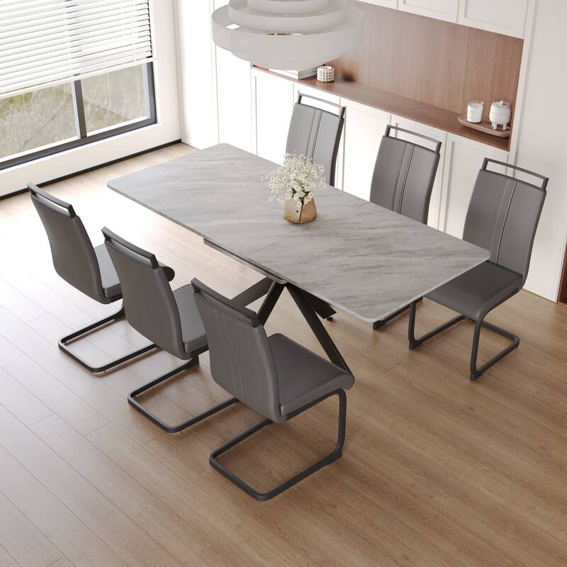 Modern Dining Set with Rectangular Extendable Table & C-shaped Tube Soft Padded Armless Chairs