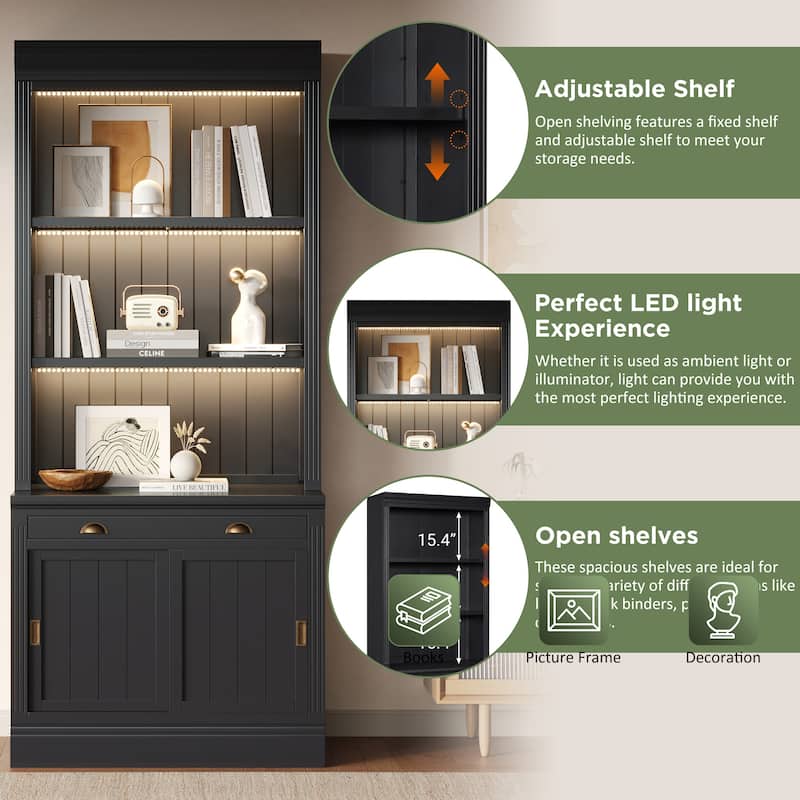Modern Bookshelf Suite, 83.4" Wood Bookcase with Doors & Drawers, 4-Tier Large Storage Cabinet, Large LED Display Shelf