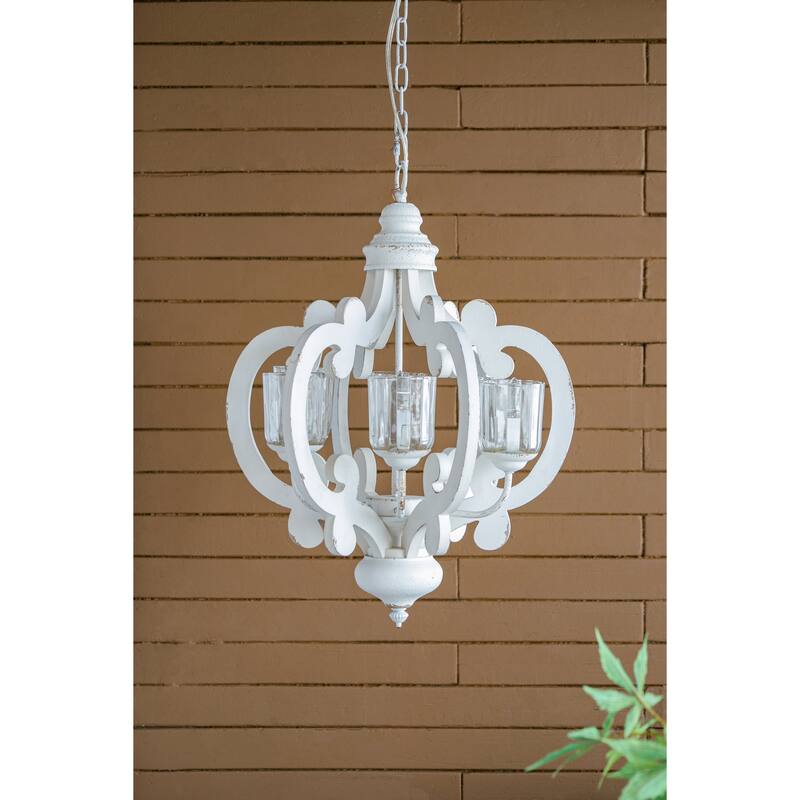 Farmhouse Chandelier, 6-Light Wood Chandelier Pendant Light Fixture with Adjustable Chain, Bulb Not Included - Cream