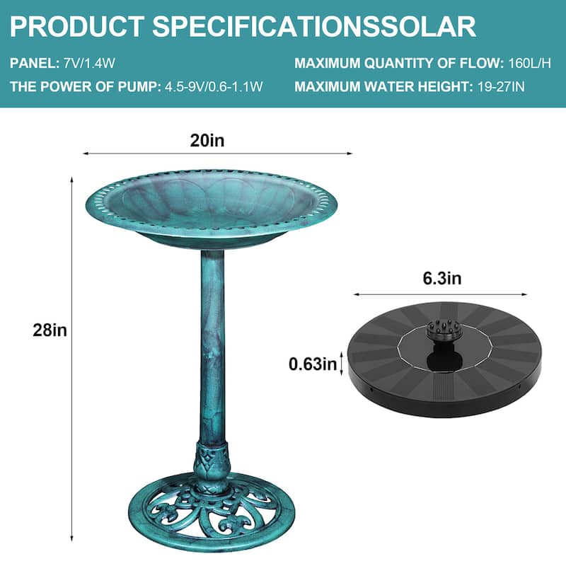 Javlergo 28" Pedestal Outdoor Bird Bath with Solar Powered Fountain for Outside Vintage Bronze Polyresin Lightweight