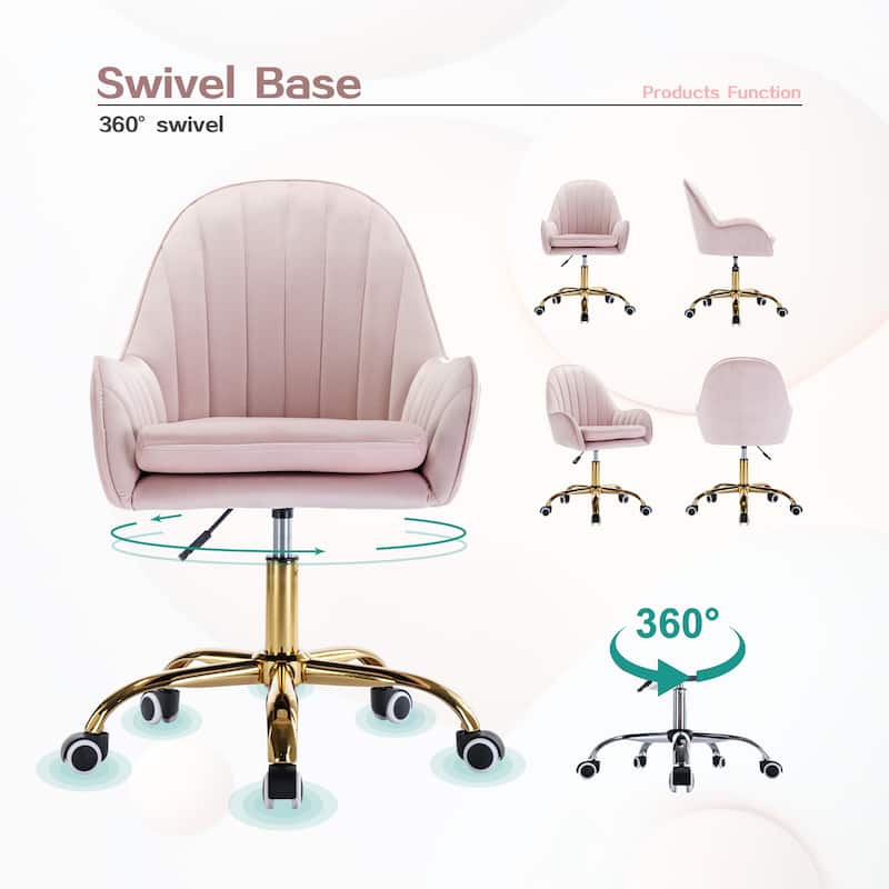 Velvet Home Office Chair with Wheels, Cute Chair with Side Arms and Gold Metal Base for Living Room, Bedroom,and Vanity Room