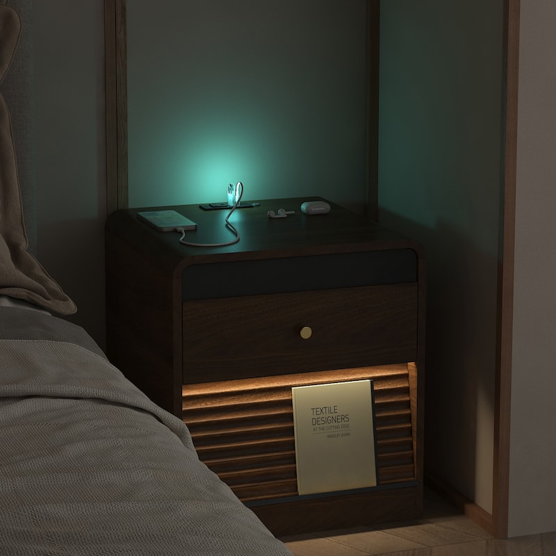 Smart Nightstand with LED Night Light, Charging Station and Storage Cabinet