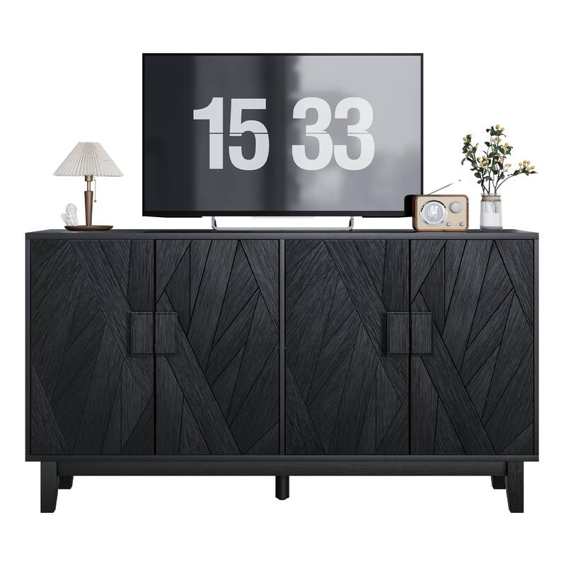 Anmytek Modern Black Sideboard Buffet Cabinet with Geometric Carved Doors Adjustable Shelves Solid Wood Legs for Dining Room