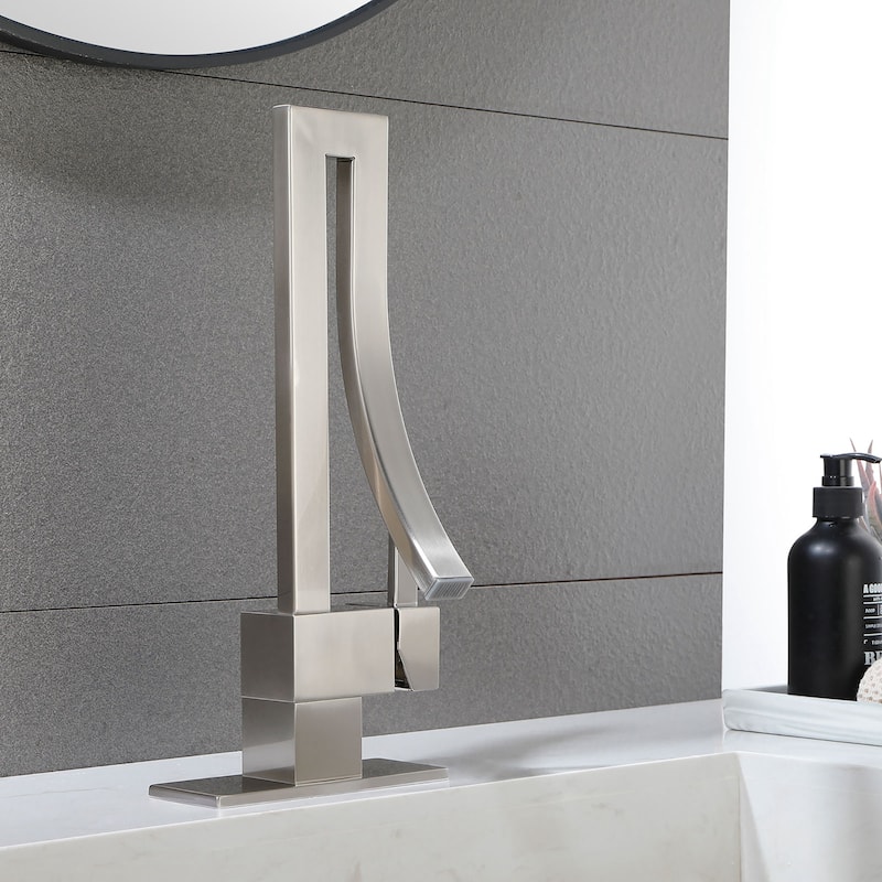 Single Handle High-Arc Brushed Nickel Copper Bathroom Faucet with Deck Plate