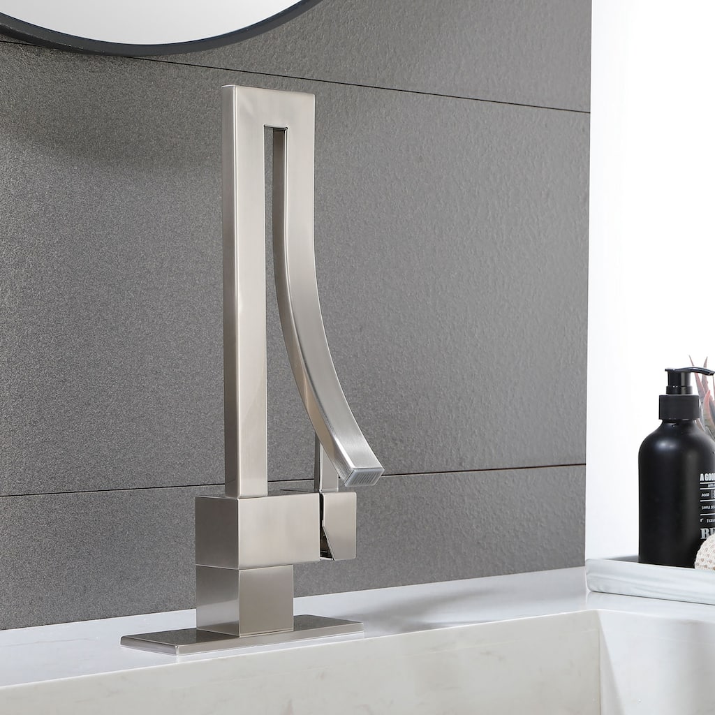 Single Handle High-Arc Brushed Nickel Copper Bathroom Faucet with Deck Plate