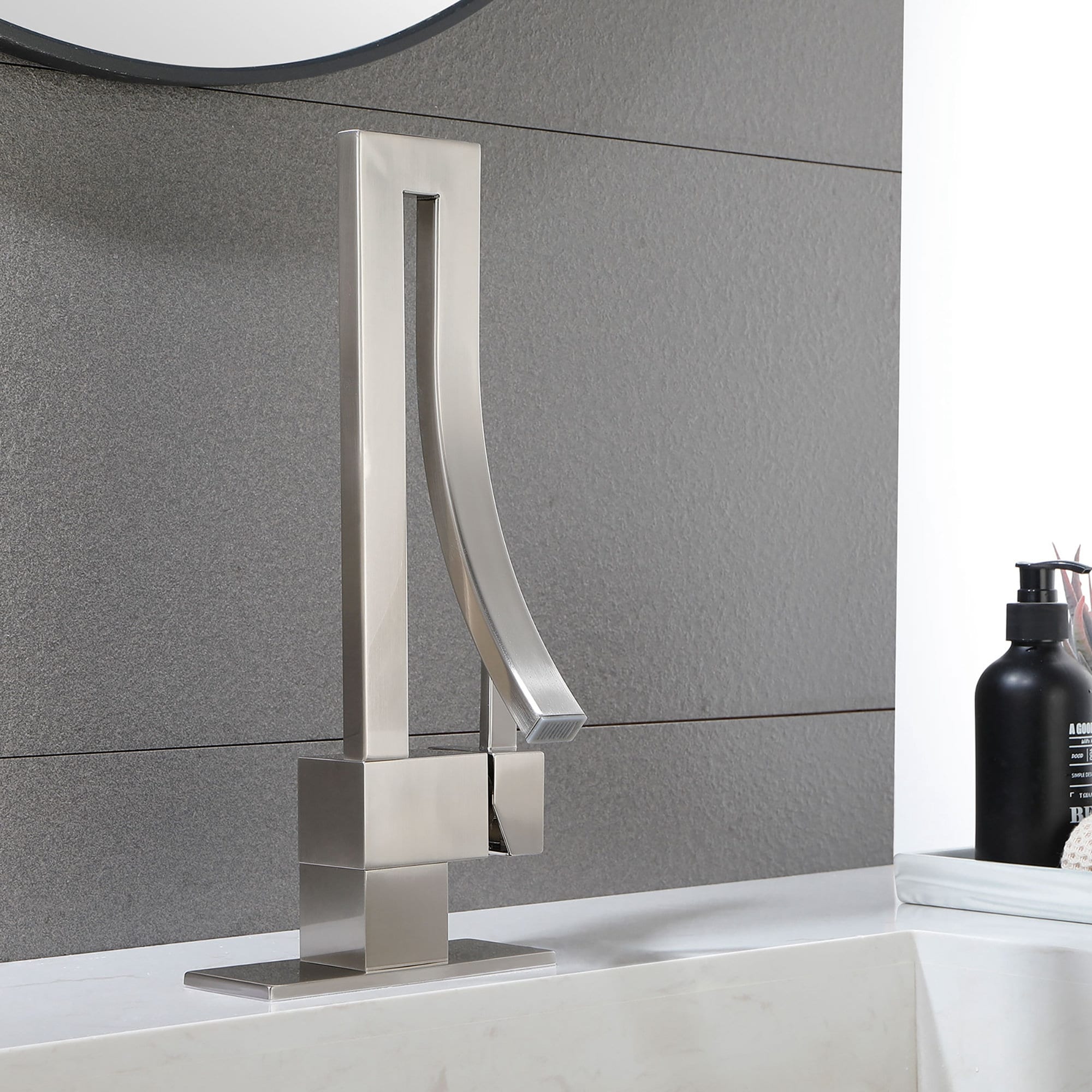 Single Handle High-Arc Brushed Nickel Copper Bathroom Faucet with Deck Plate