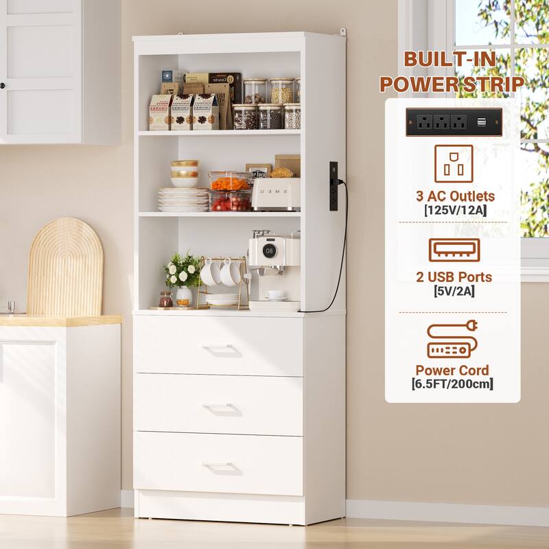 Tall Buffet Sideboard with Charging Station, Storage Pantry Organizer with Drawers and Shelves