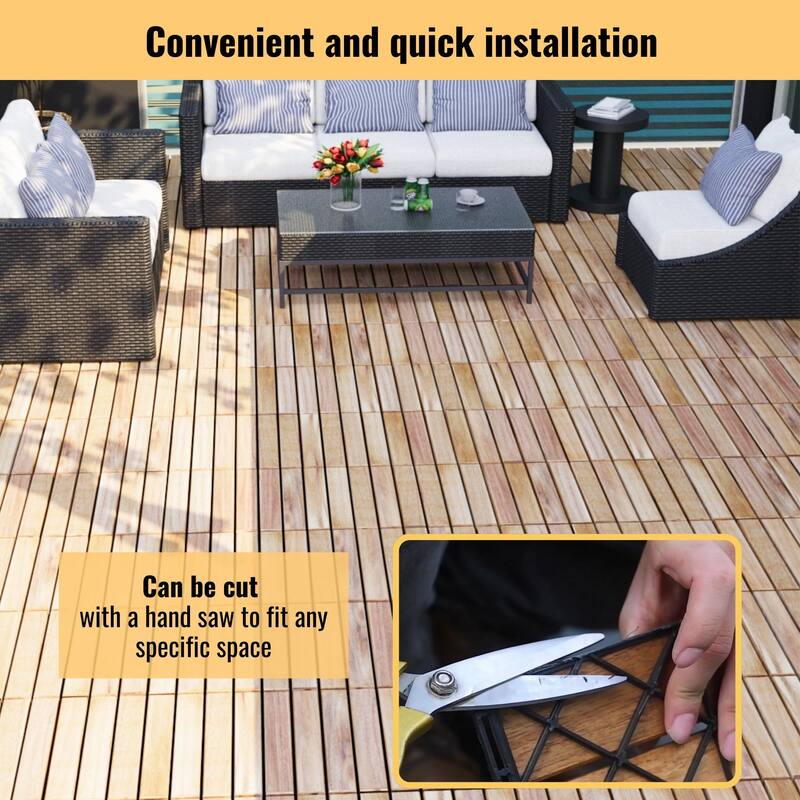10 PCS Interlocking Deck Tiles Striped Pattern, 12" x 12" Square Acacia Hardwood Outdoor Flooring for Patio,Bancony,Pool Side
