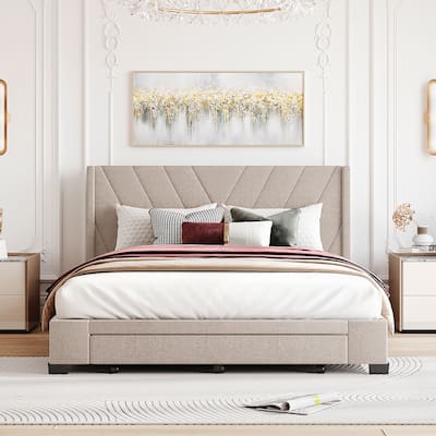 Queen Size Linen Upholstered Storage Platform Bed with Drawers
