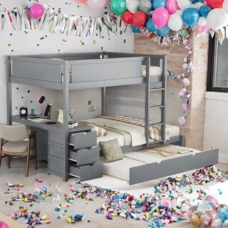 Full-Over-Full Bunk Bed with Twin size Trundle, Storage and Desk,with 2 USB and 2 three-holes Plugs