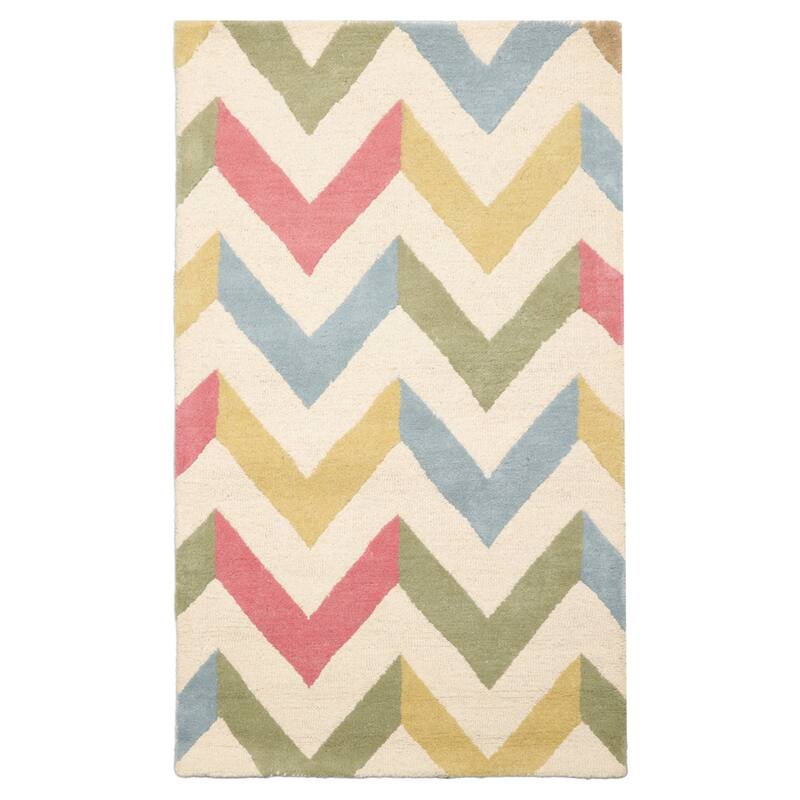 3x5 Oriental Rug with Chevron Patterns Ivory Wool Hand Tufted - 3' x 5'