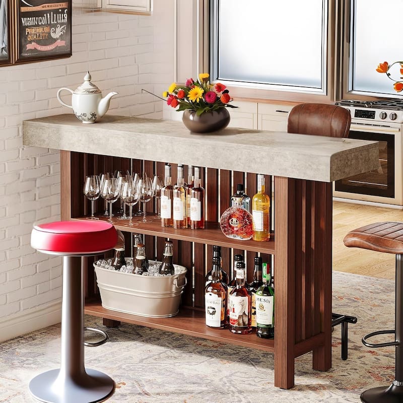 Modern Engineered Wood Home Bar Table with Storage Shelves Grey Counter with Footrest - 62.99”L x 15.75”W x 41.53”H