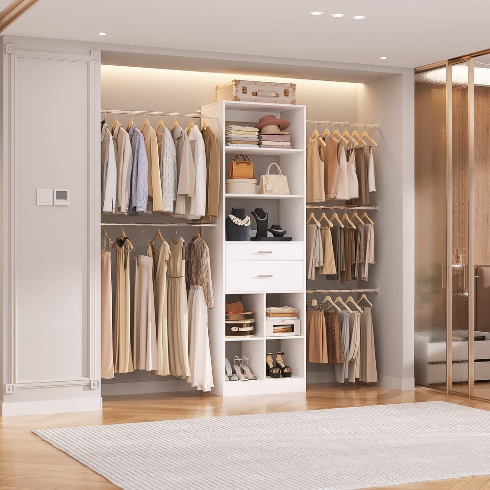 66''-100'' Walk-in Closet Organizer with 5 Hanging Rods and 2 Wooden Drawers，4-8FT Sturdy Closet System with Storage Shelves