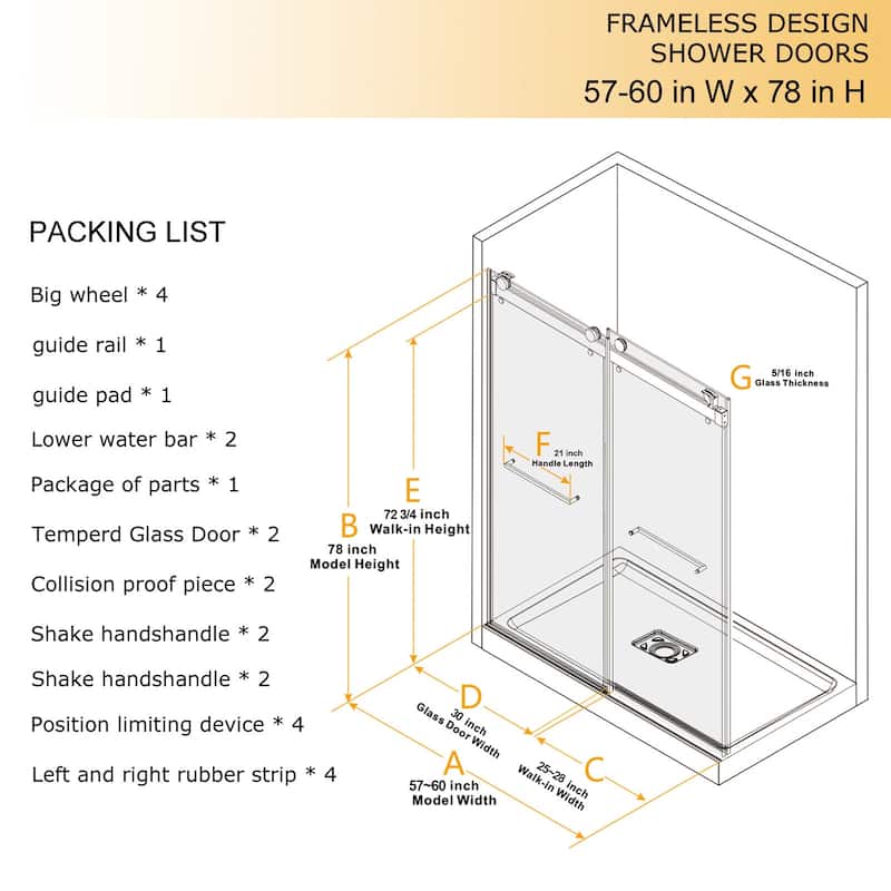 Double Sliding Door Frameless Corner Shower Enclosure with 5/16 in. Tempered Glass