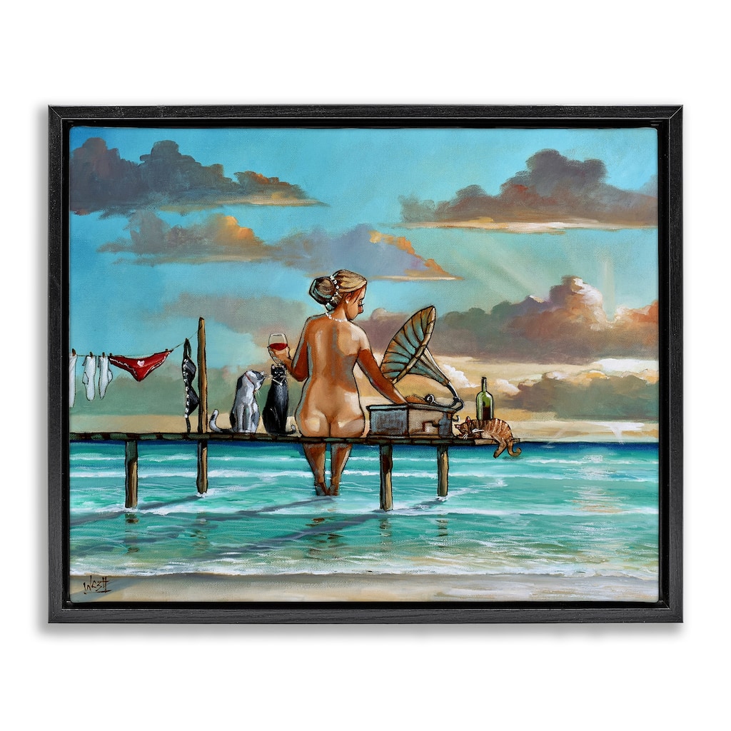 Stupell Woman & Cats Beach Sunset Framed Floater Canvas Wall Art Design By Ronald West