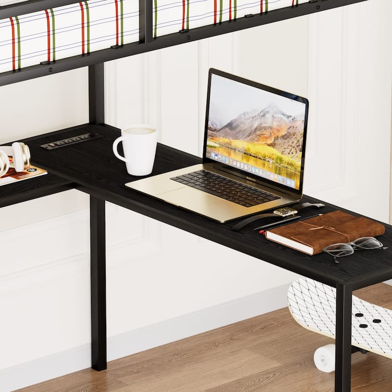 Full Size Metal Loft Bed with L-Shaped Desk, RGB LED Lighting, USB Charging Station, Wardrobe Cabinet, Drawers, Ladder