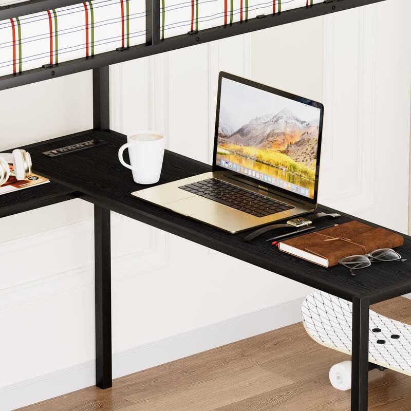 Full Size Metal Loft Bed with L-shaped Desk, LED Lights, LED Loft Bed Frame,Bed with 1 Cabinet Wardrobe and 2 Drawers
