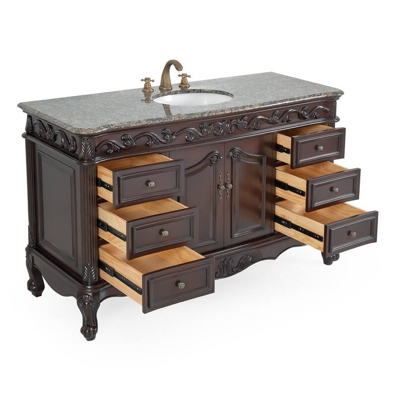 Benton Collection 56 inch Traditional Style Bathroom Sink Vanity With Baltic Brown Top