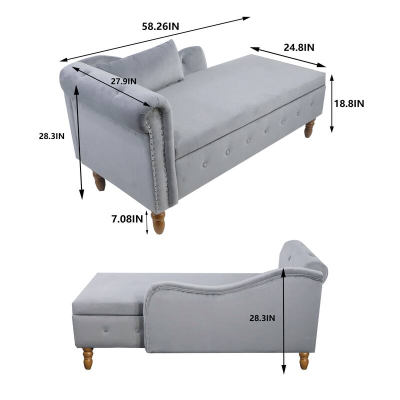 Grey Modern 58.26" Velvet Upholstered Buttons Tufted Chaise Lounge Chair with Storage and Wood Legs