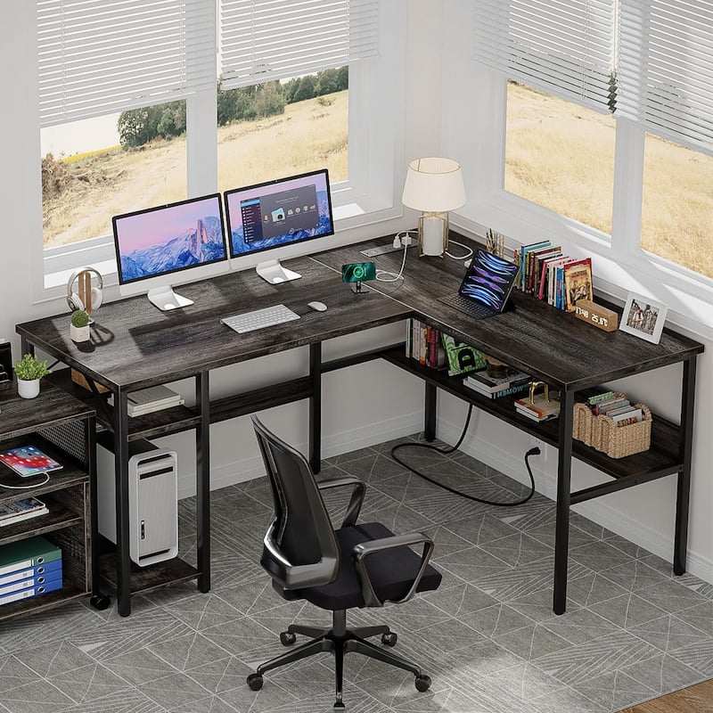 Reversible L Shaped Desk with Storage Shelves, Home Office Corner Desk with Charge Station - Grey Oak