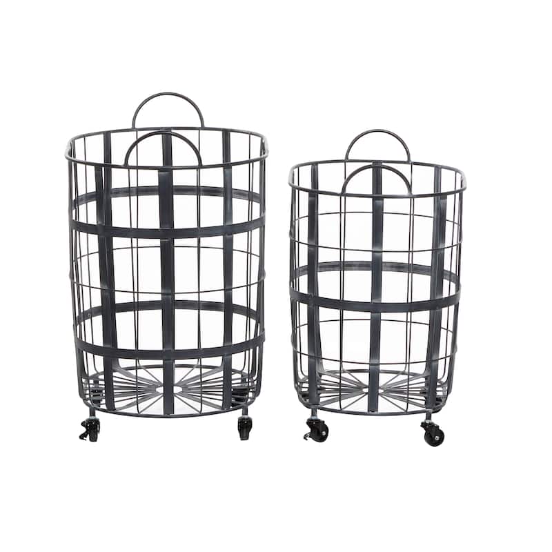 Metal Wire Grid Storage Basket with Wheels and Handles - Set of 2 Black - Roche River Decor - 16"W x 24"L x 25"H