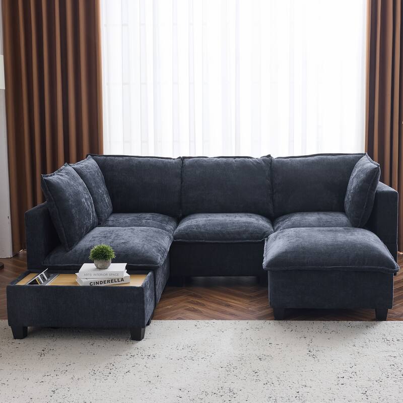 Modern Sectional Sofa with Hidden Charging Coffee Table and Movable Ottoman and Chenille Upholstery for Living Rooms