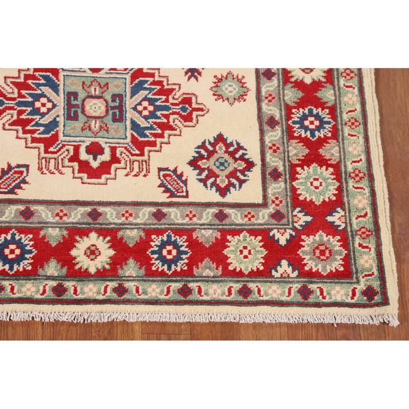 Ivory / Beige Geometric Kazak Oriental Accent Rug Handmade Wool Carpet - 3'6" x 5'1"
