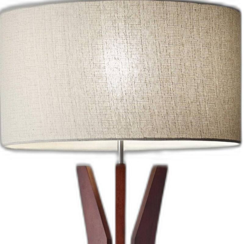 Brown Solid Wood Tripod Floor Lamp with White Fabric Drum Shade Rotary Switch - 20” x 20” x 59.5” (D x W x H)