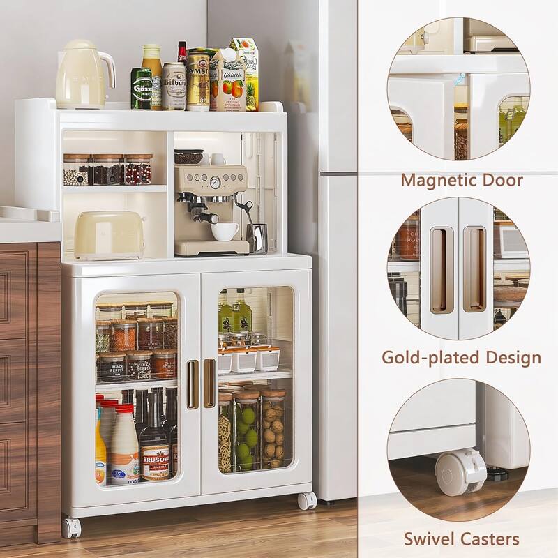 VECELO White Plastic Storage Cabinet with Wheels and Transparent Doors No Tools Assembly Required Multi-Purpose Organizer