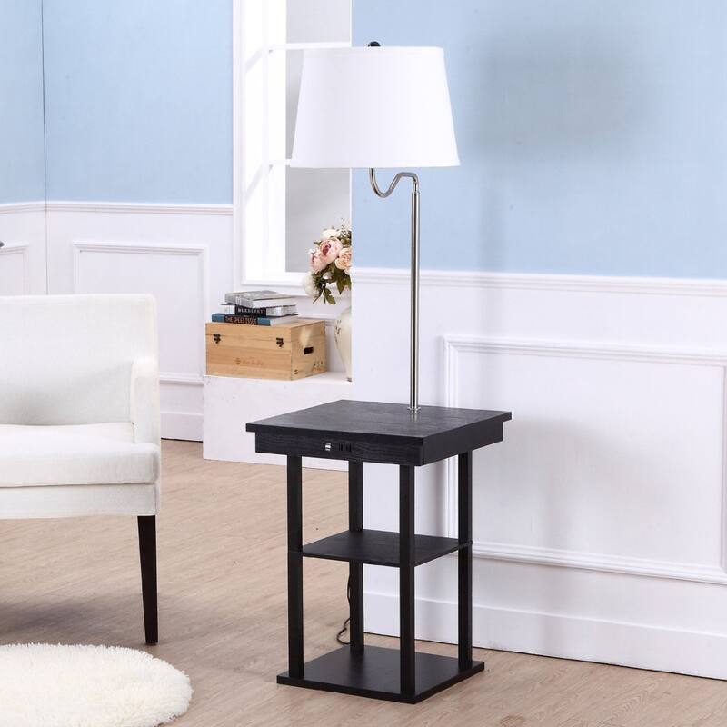 Brightech Madison 56 in. Black with White Fabric Drum Shade Modern LED Bedside Table Lamp with Built-In USB Port (2-Pack)