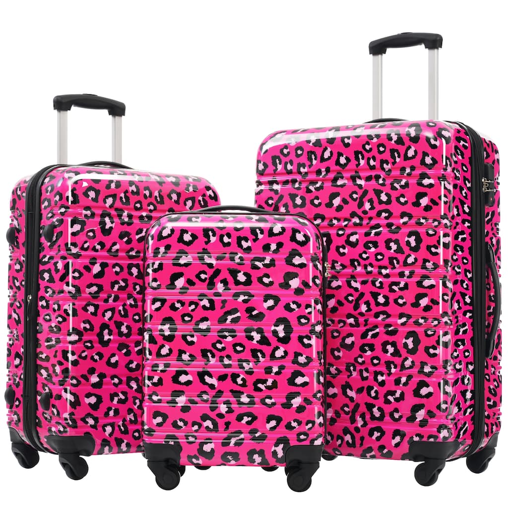 3-Piece, Modern Luggage Sets, Expandable Luggage with Silicone Handles and TSA Lock, for Boarding Travel, Hot Pink Leopard